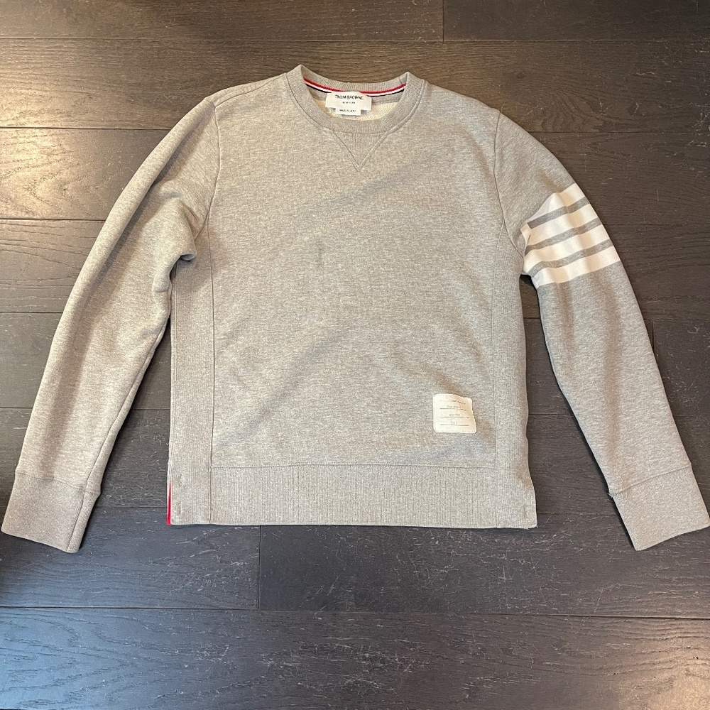 THOM BROWNE GREY COTTON STRIPED CREW NECK SWEATER SIZE 2